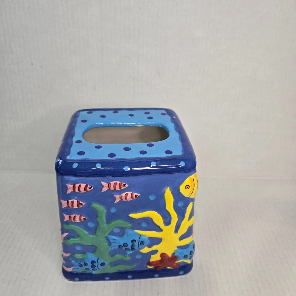 Cathie Raney Ceramic Tissue Box Cover 3D Tropical Fish Ocean Coral Reef Blue